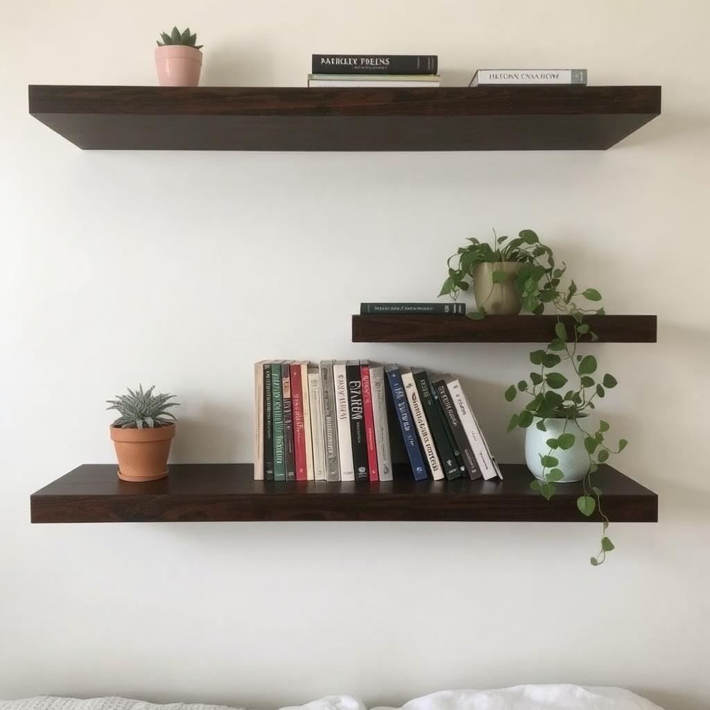 Floating shelves in dorm room holding books and small plants