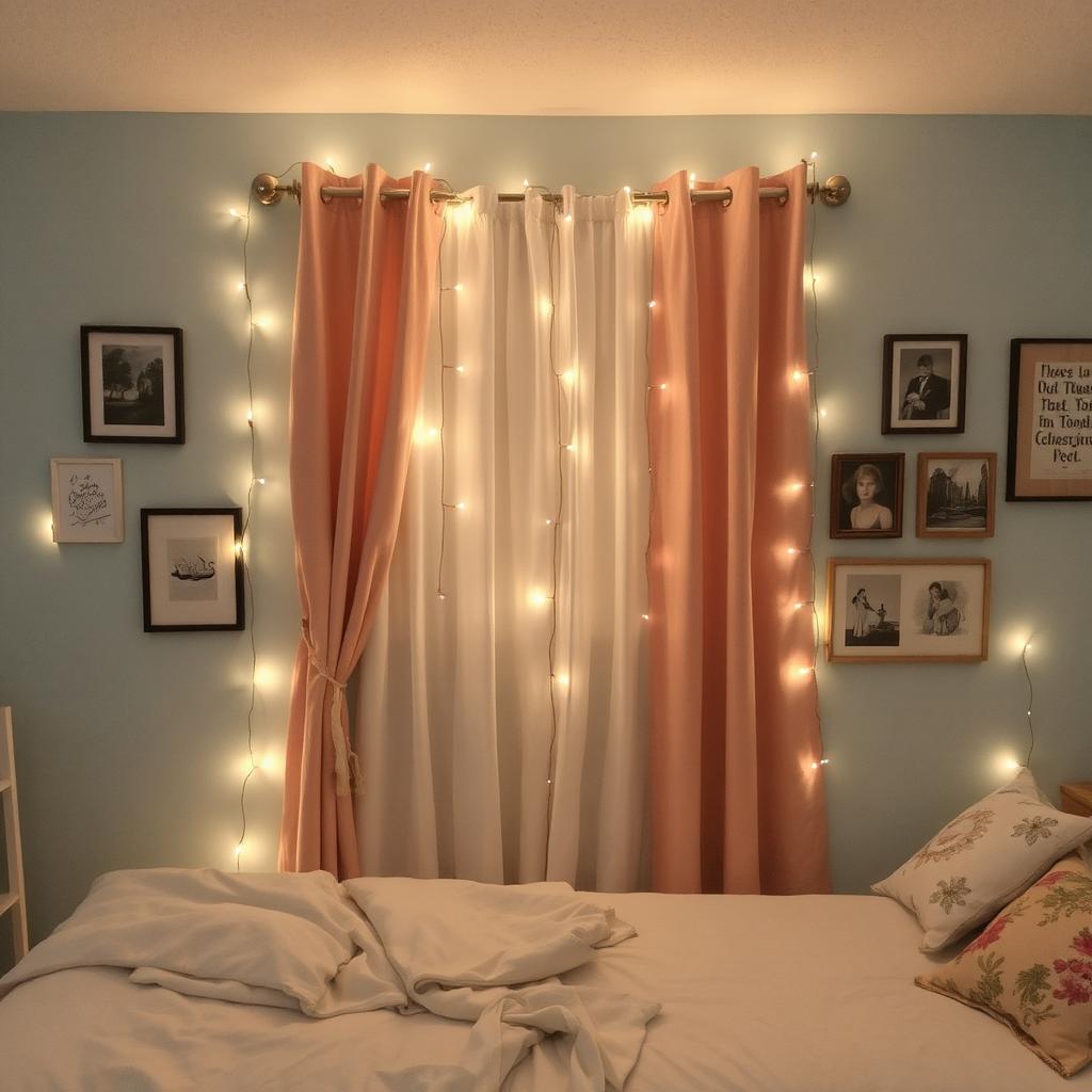 Curtain string lights decorating dorm room wall with a photo gallery