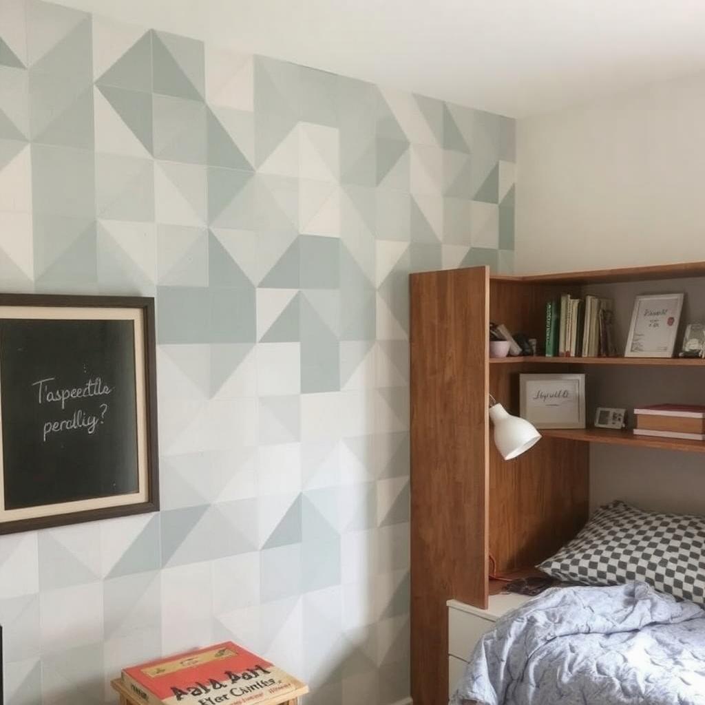 Dorm room wall with geometric peel-and-stick wallpaper as an accent.