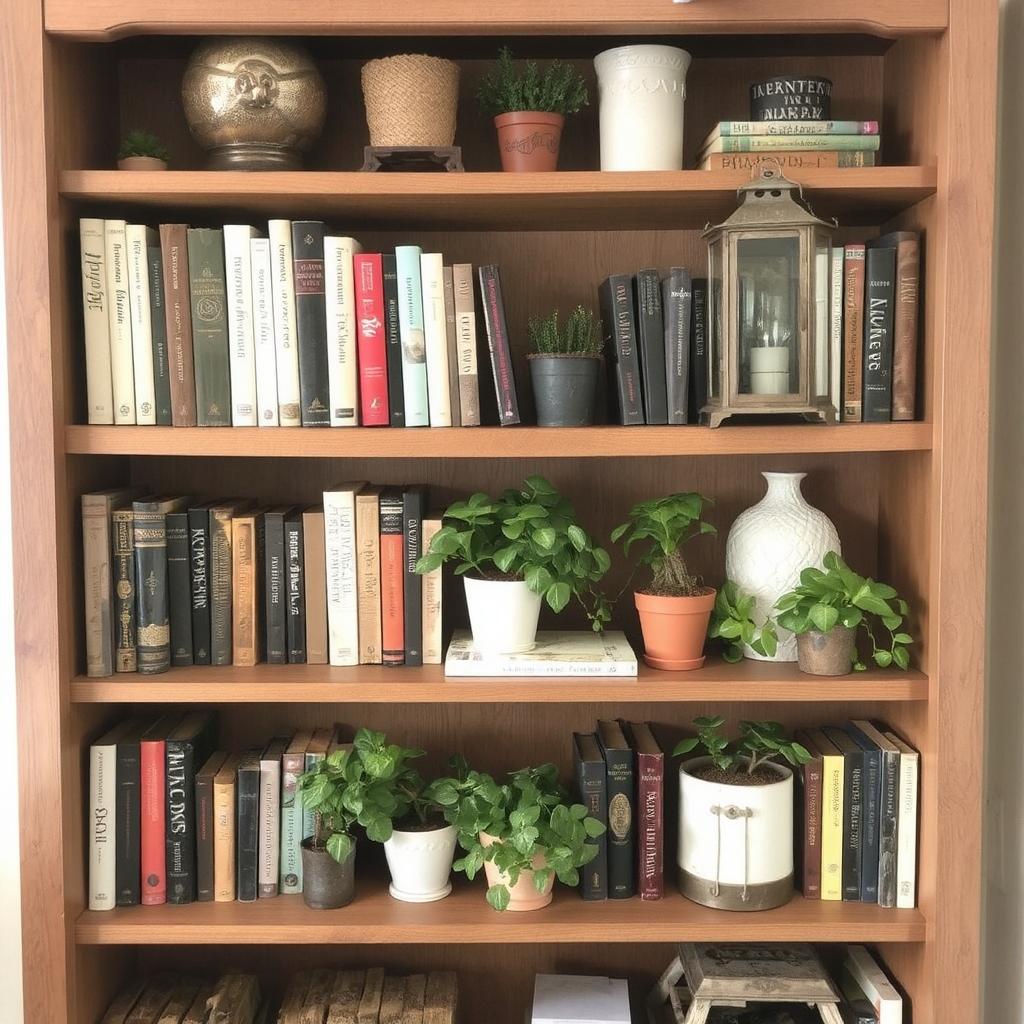 A farmhouse-style bookshelf filled with books, potted plants, and vintage decor like a rustic lantern.