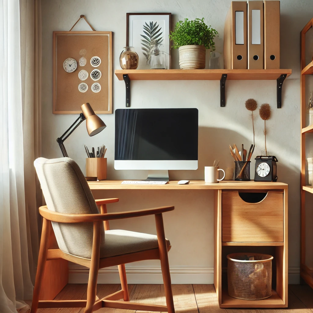 Cozy home office setup with a comfortable chair, a small wooden desk holding a desktop computer, and organized storage shelves on the wall. The desk is accessorized with a coffee mug and a potted plant, illuminated by natural light from a large window. The decor is clean and minimalistic for productivity and comfort