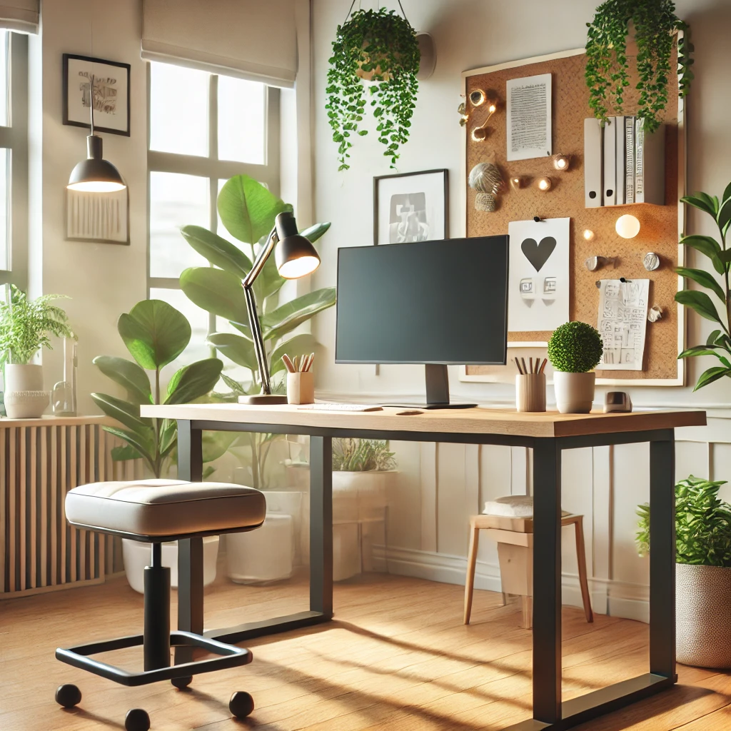 Bright and inviting home office featuring a standing desk with a monitor, a padded stool, and a clean desk surface. The background includes indoor plants, a decorative shelf with books, and a pinboard with notes. Soft and ample lighting creates a comfortable work environment