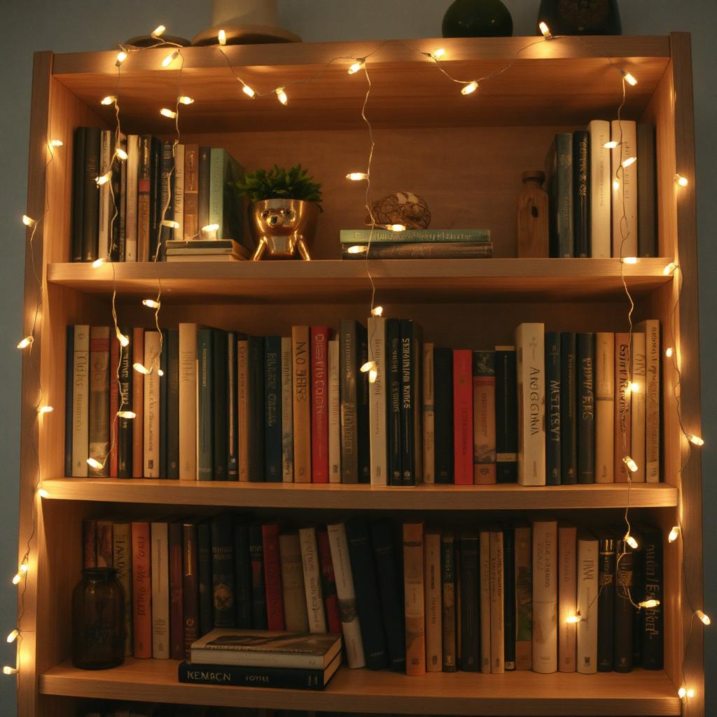 A bookshelf adorned with twinkling string lights draped over the edges, casting a soft glow over the books and decor.