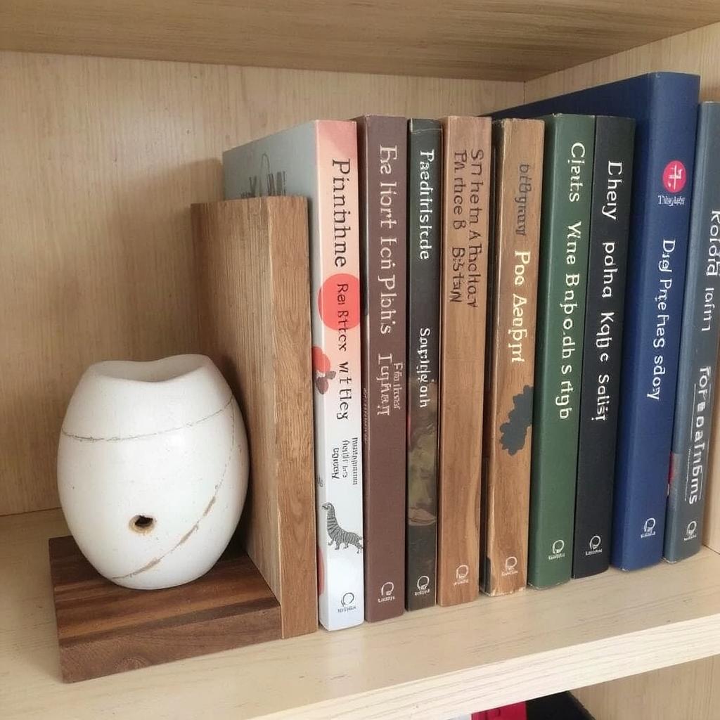 Image Idea: DIY bookends made from reclaimed wood or upcycled materials, adding a unique and personal touch to the bookshelf.