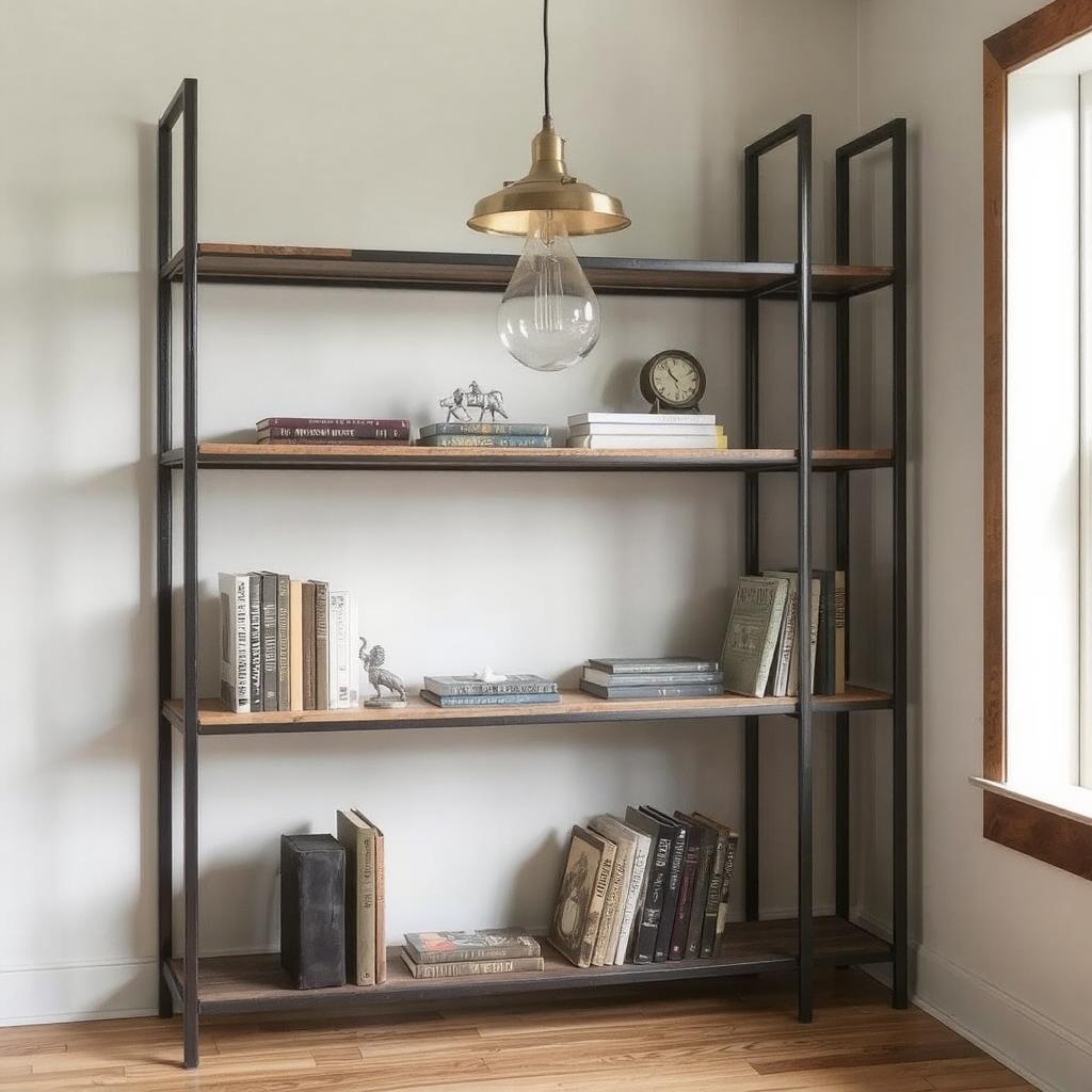 A metal and wood industrial bookshelf paired with vintage metal bookends and a pendant light.