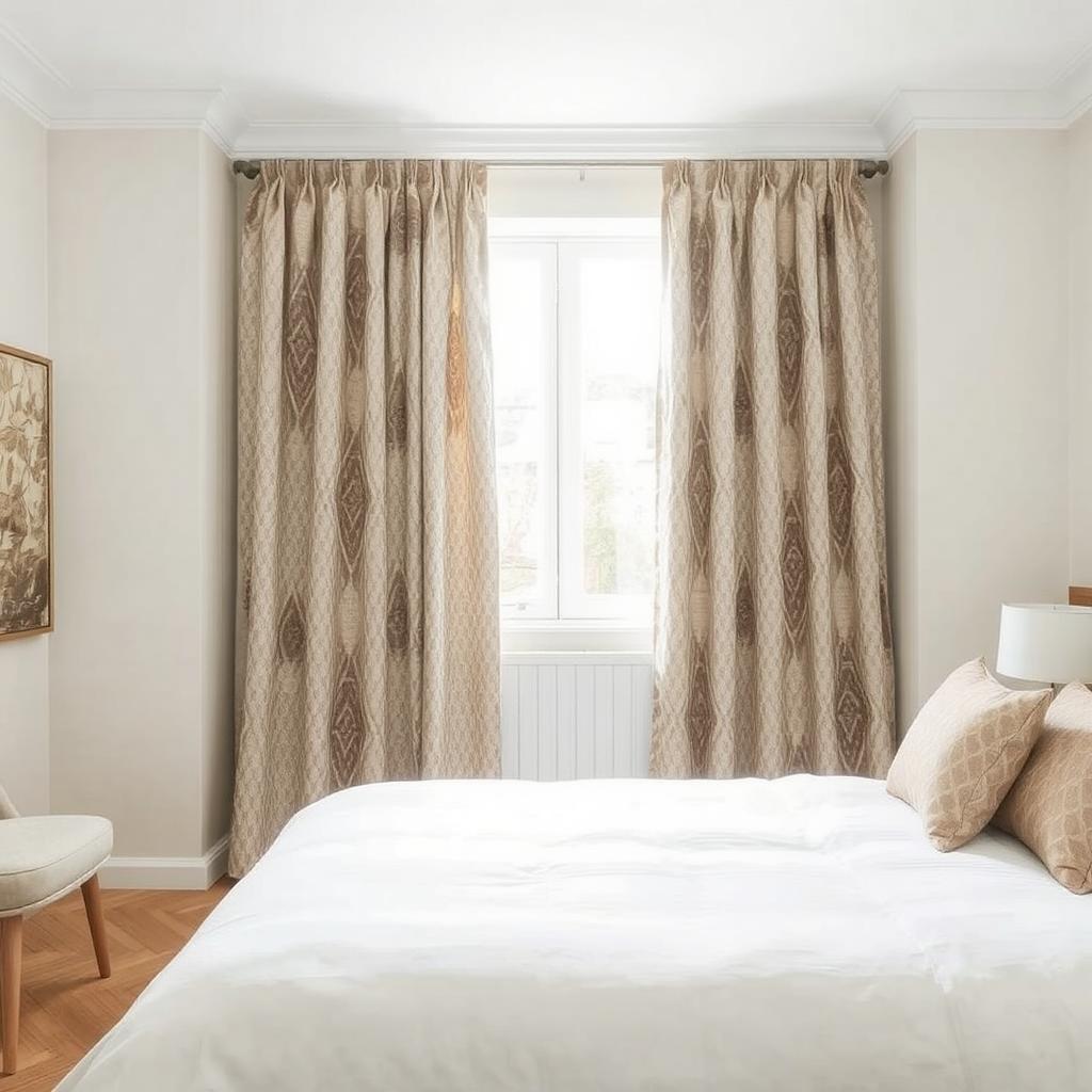 A modern bedroom featuring jacquard curtains with subtle geometric patterns, creating a soft yet stylish ambiance.