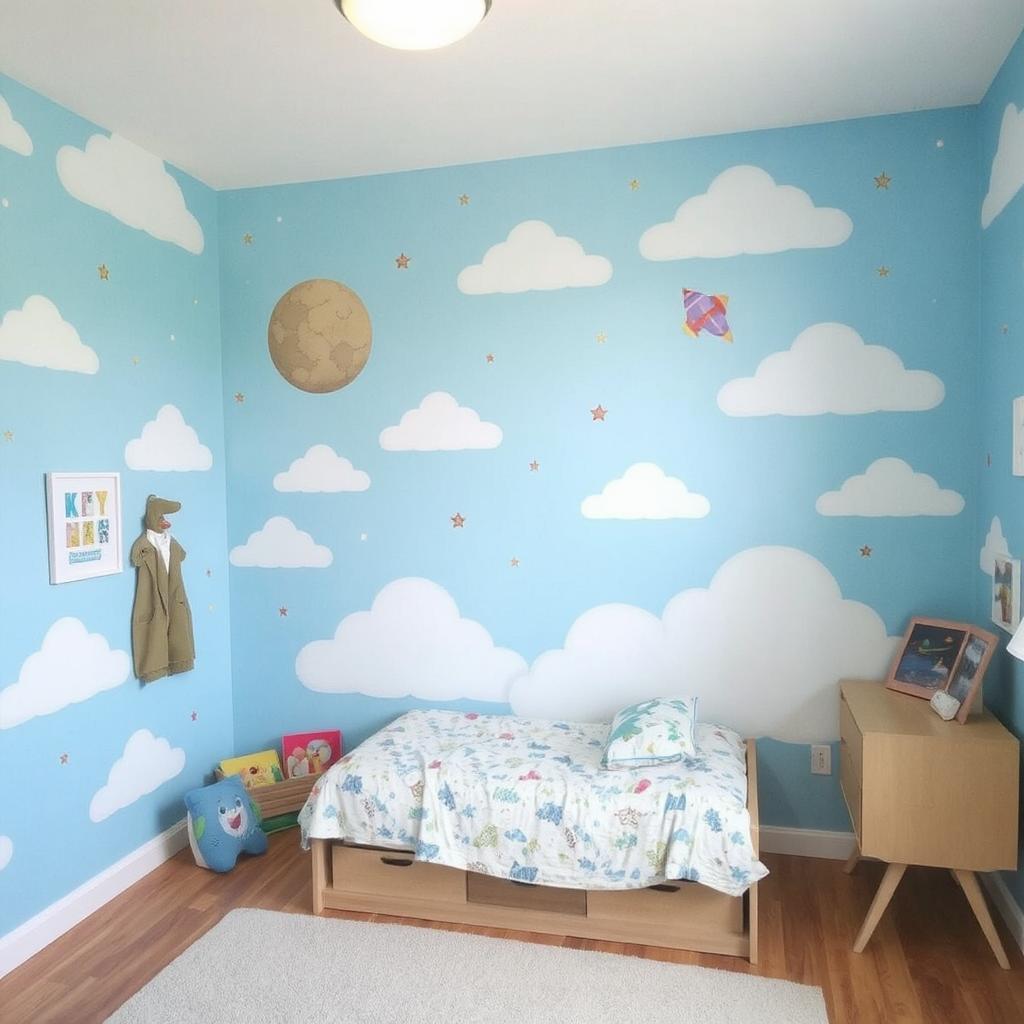 Space-themed mural for kids room showing planets, stars, and rockets."