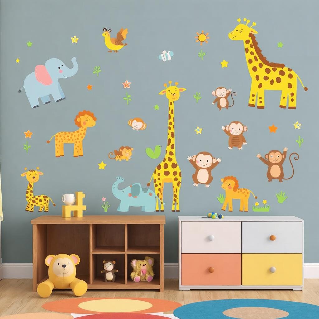 Colorful animal stickers on kids room wall creating an imaginative space."