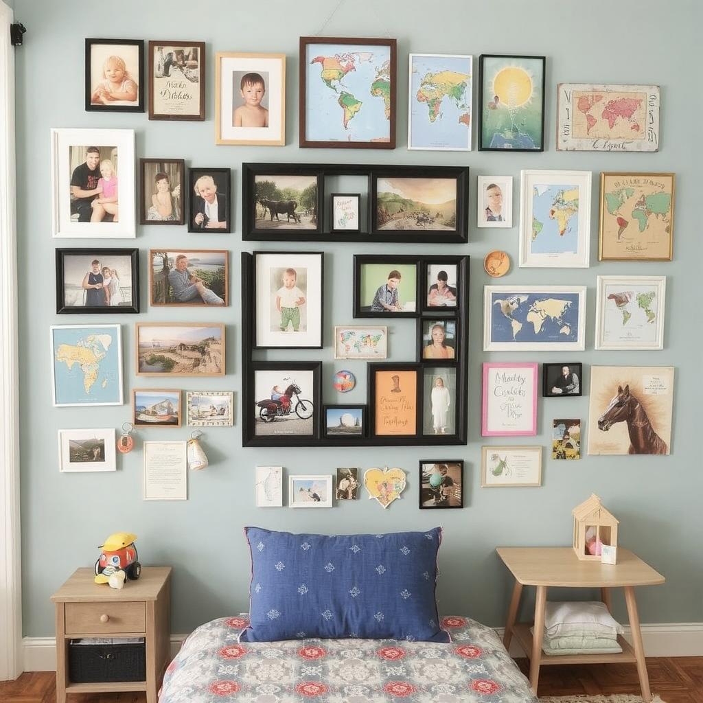 Themed gallery wall in a kid’s room showcasing photos and mementos."