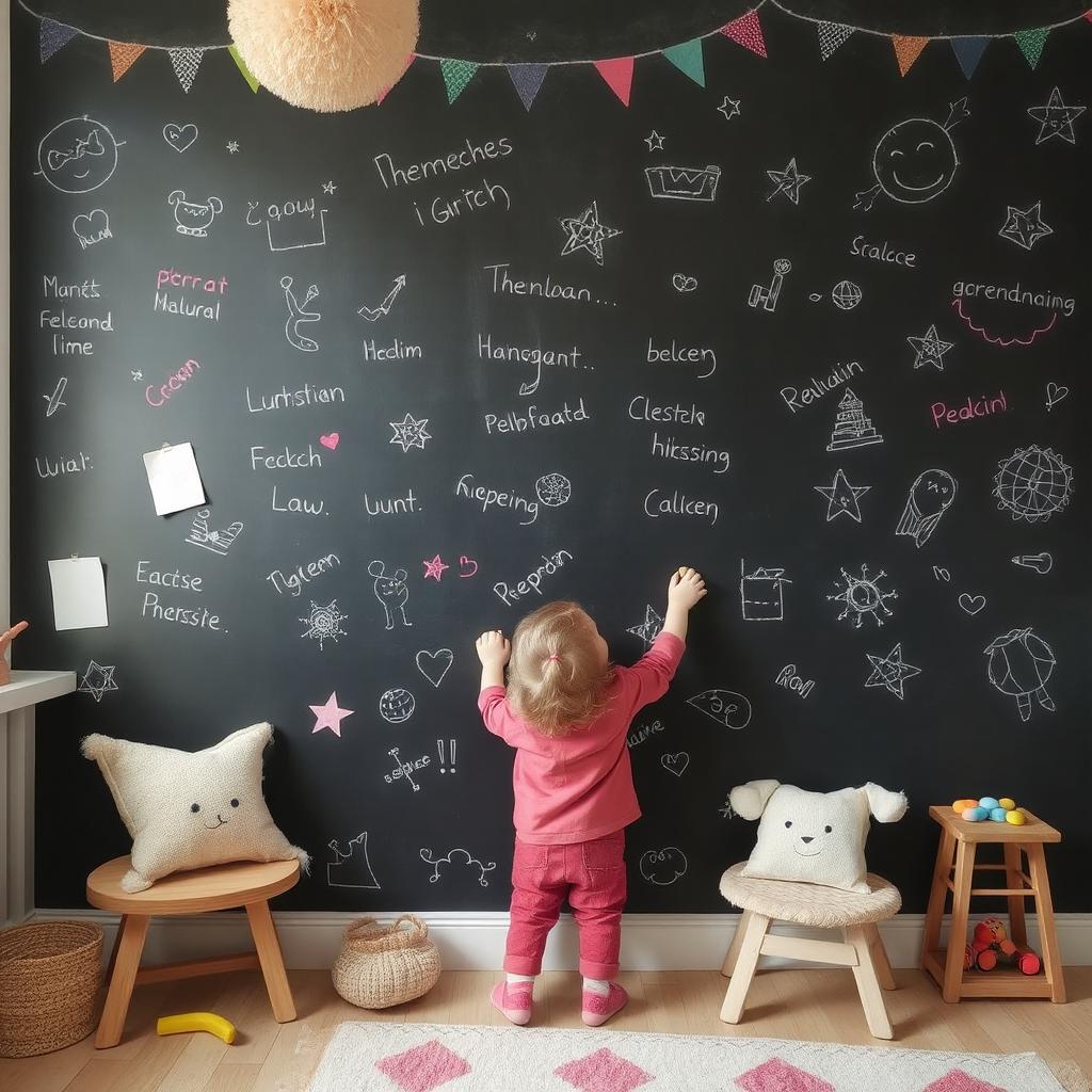 Large chalkboard wall in kids room for daily notes, schedules, and creativity.