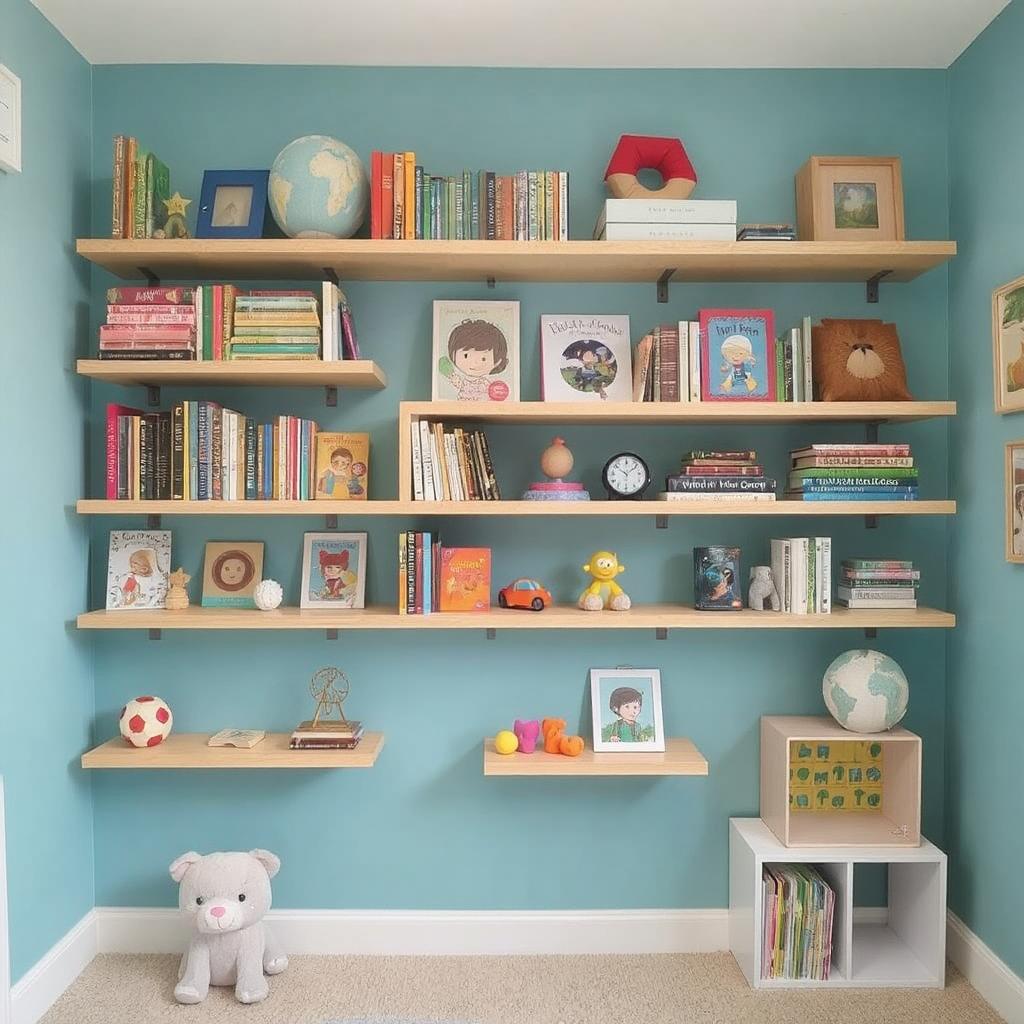 Floating shelves in kids room for storage and display of books and toys.