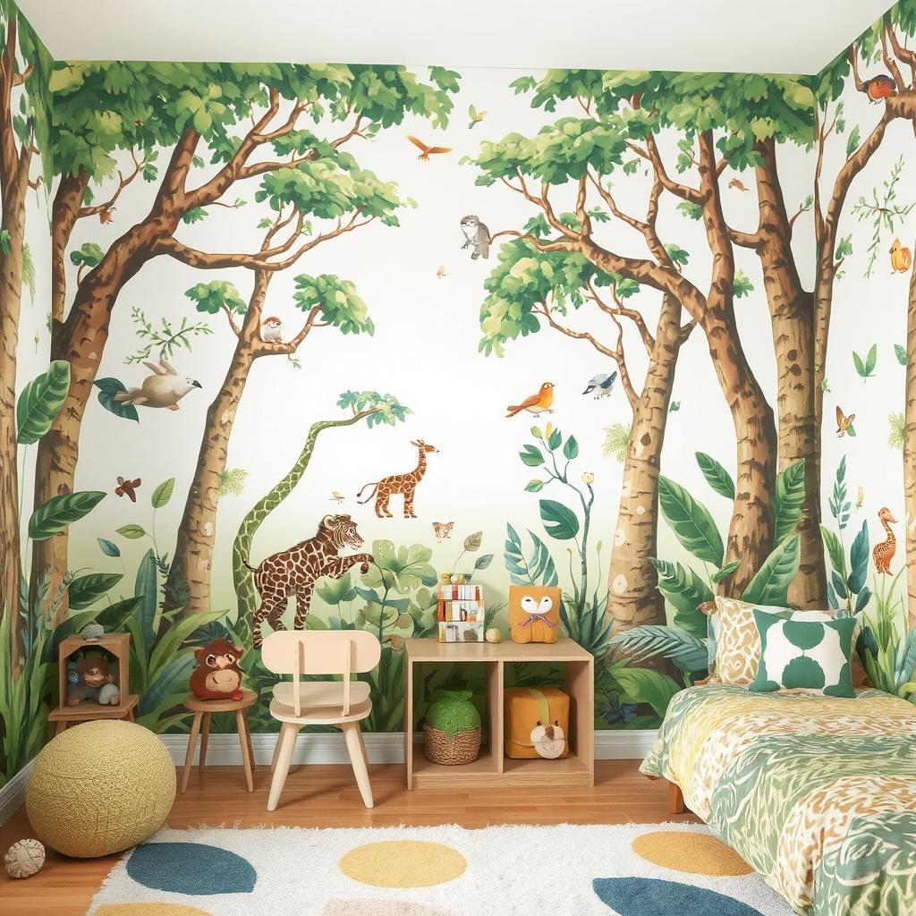 Jungle-themed mural in kids room featuring trees, animals, and plants