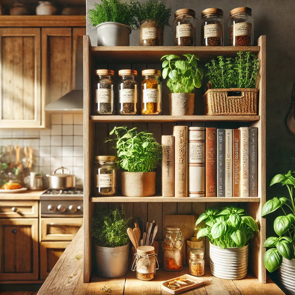 A small bookshelf in the kitchen displaying cookbooks, small jars, and potted herbs, contributing to the cozy, homely feel.