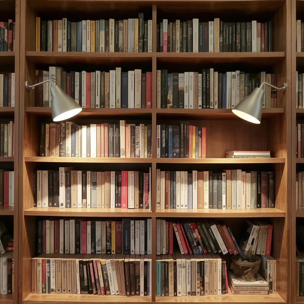 Image Idea: A bookshelf with stylish wall-mounted lamps on either side, casting focused light on different sections of the shelves.