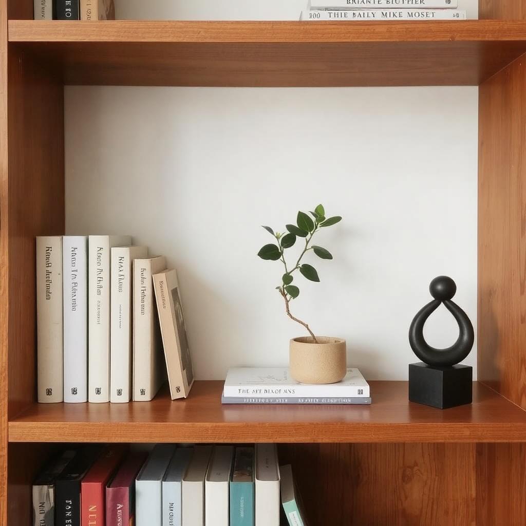 A minimalist bookshelf with a few select books, a single plant, and a small sculpture