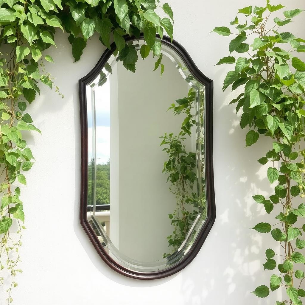 A mirror mounted on a balcony wall with surrounding plants, reflecting the greenery and sky.