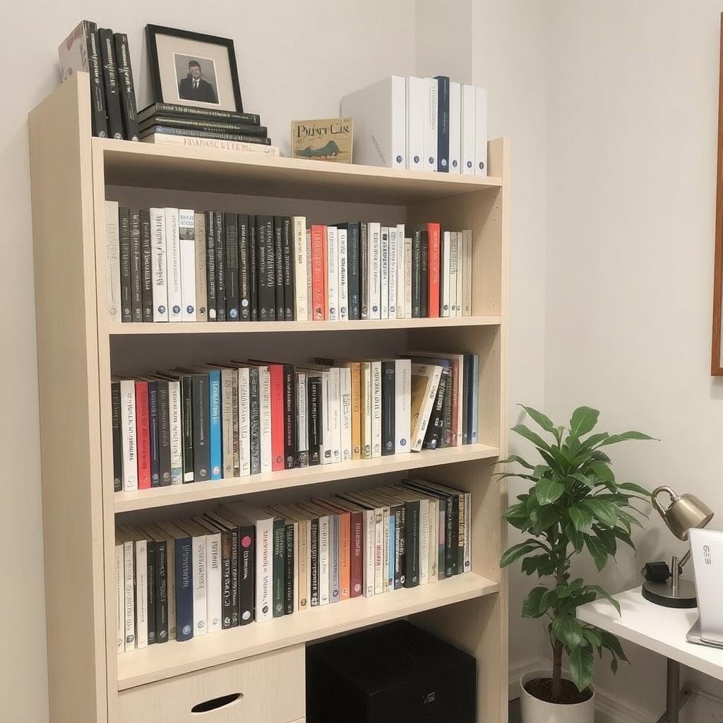 bookshelves in an office with neatly organized books and a few decor items like a plant or desk accessories.