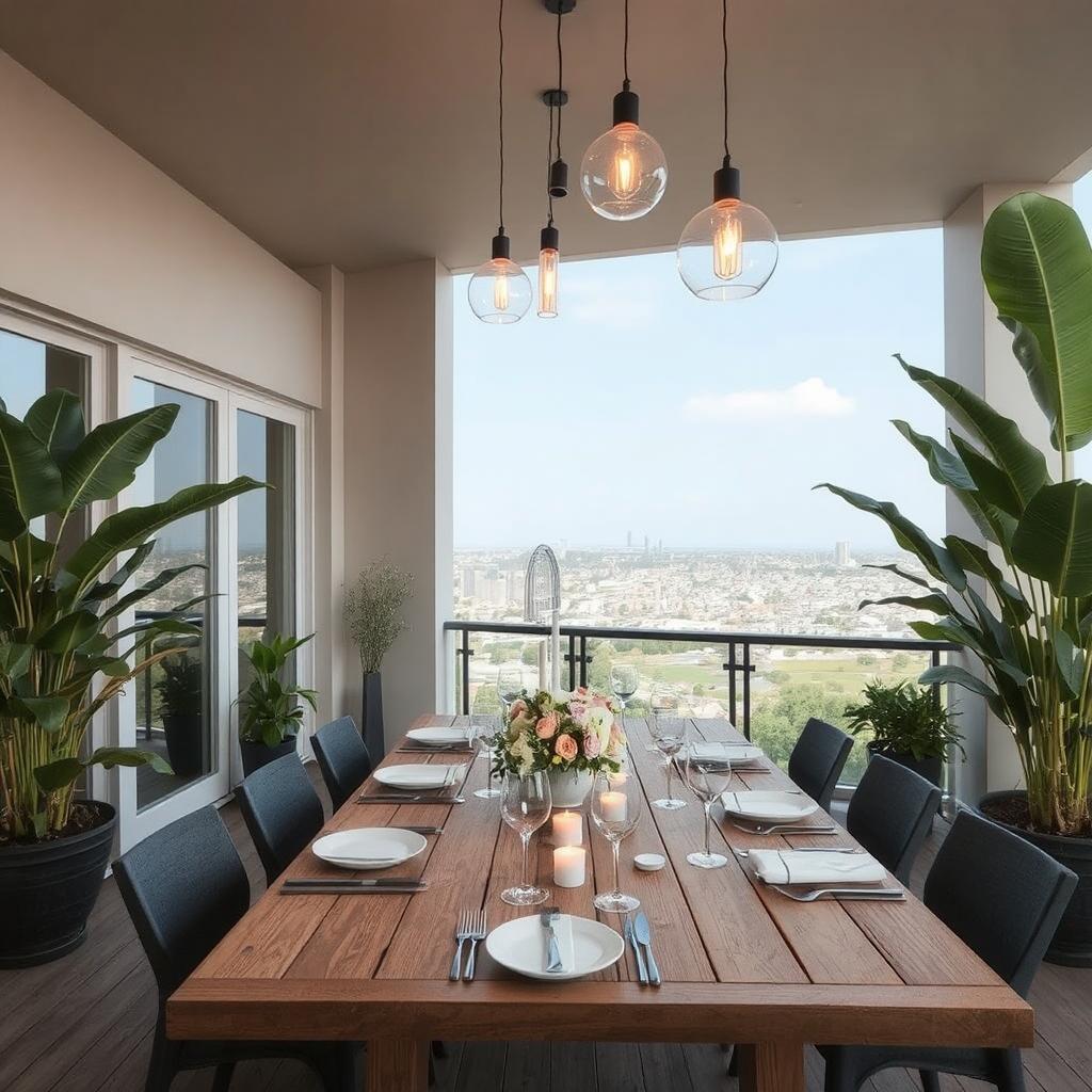 A spacious open balcony designed for outdoor dining with a modern wooden dining table set for dinner, complete with candles, wine glasses, and a floral centerpiece. Hanging lights create a cozy glow, while large leafy plants and a city skyline can be seen in the background."