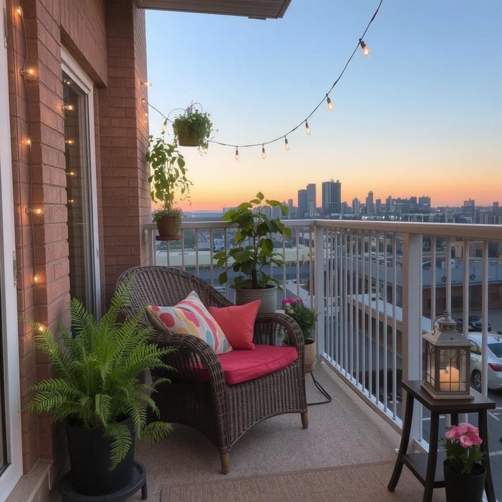 A cozy open balcony with string lights hanging across the railing, a wicker lounge chair with colorful cushions, potted plants including ferns and flowers, and a small wooden coffee table with a lantern. The background shows a cityscape during sunset."