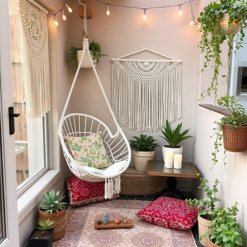 A small urban balcony decorated in a boho style with a hanging chair, macramé wall decor, and colorful floor cushions. The space includes a small round side table with candles, a mix of succulents and trailing plants, and string lights for a magical evening feel."