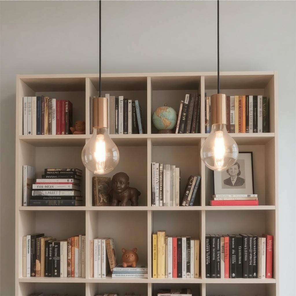 A modern bookshelf illuminated by sleek pendant lights, casting a warm and inviting glow on the books and decor.