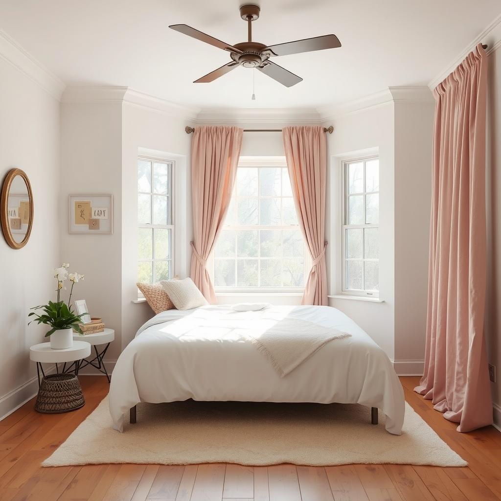 cozy bedroom with white walls and pink curtains