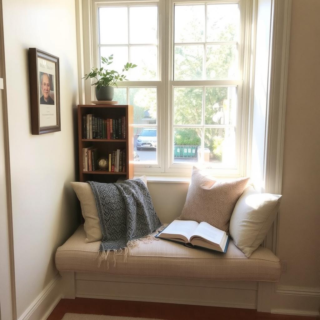 Cozy reading nook with natural light, cushions, and a bookshelf."