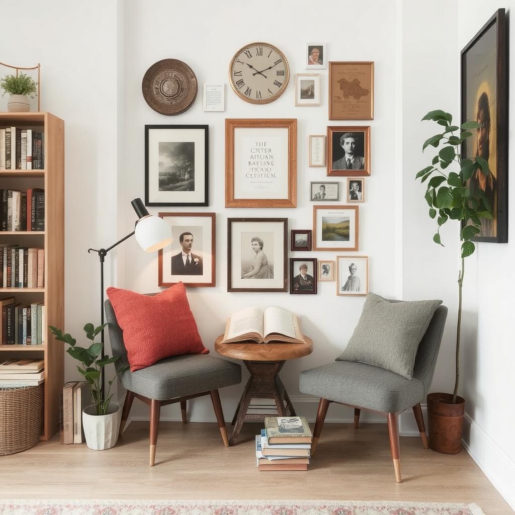 Layered wall decor with shelves, art, and lighting for a cozy nook.