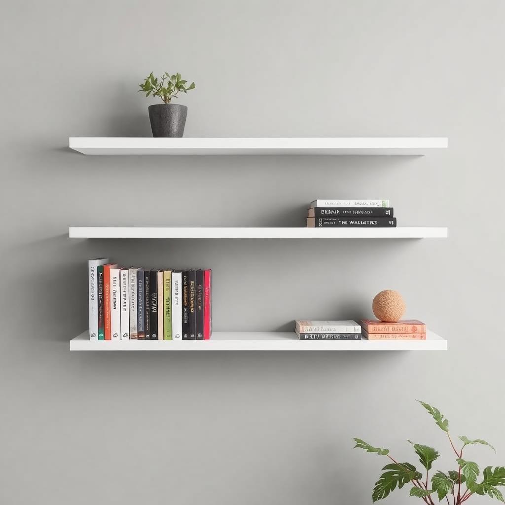 Floating shelves with books and decor for a cozy reading nook.