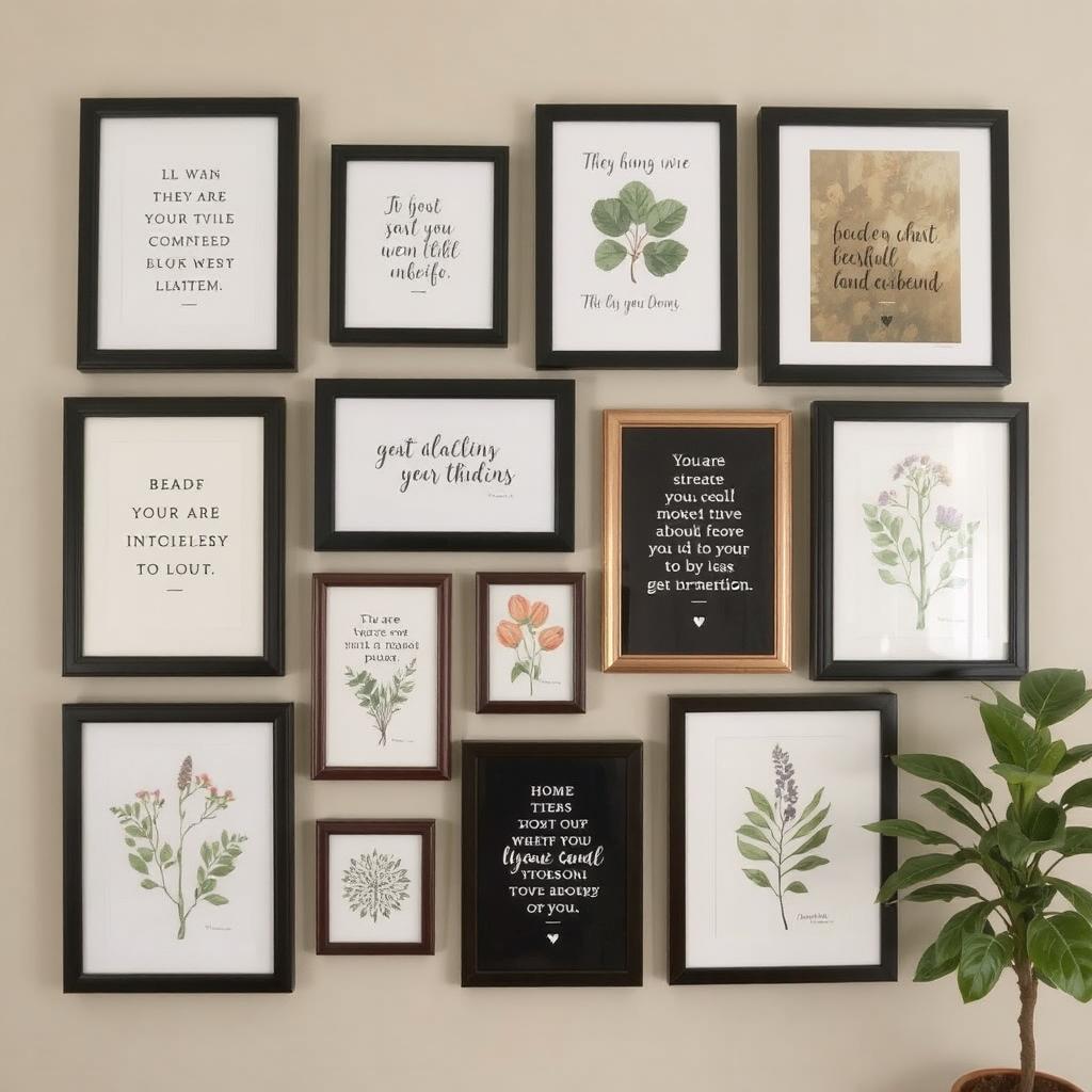 Gallery wall with framed quotes and art for a cozy nook decor