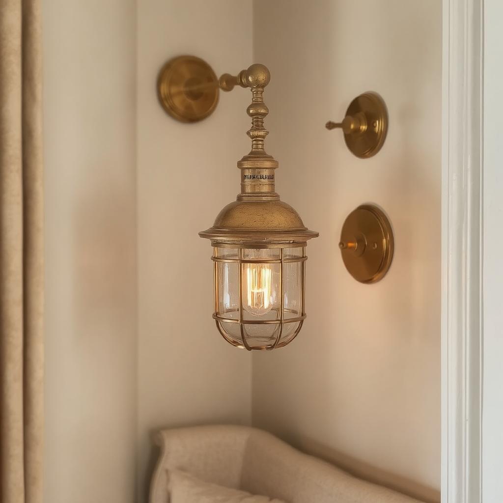 A brass wall-mounted lamp illuminating a cozy reading nook.