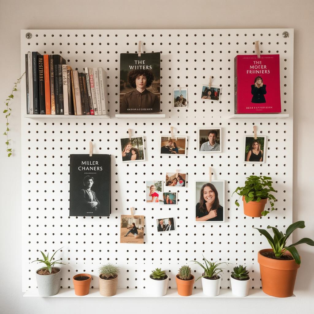 Decorative pegboard with books and plants for a reading nook