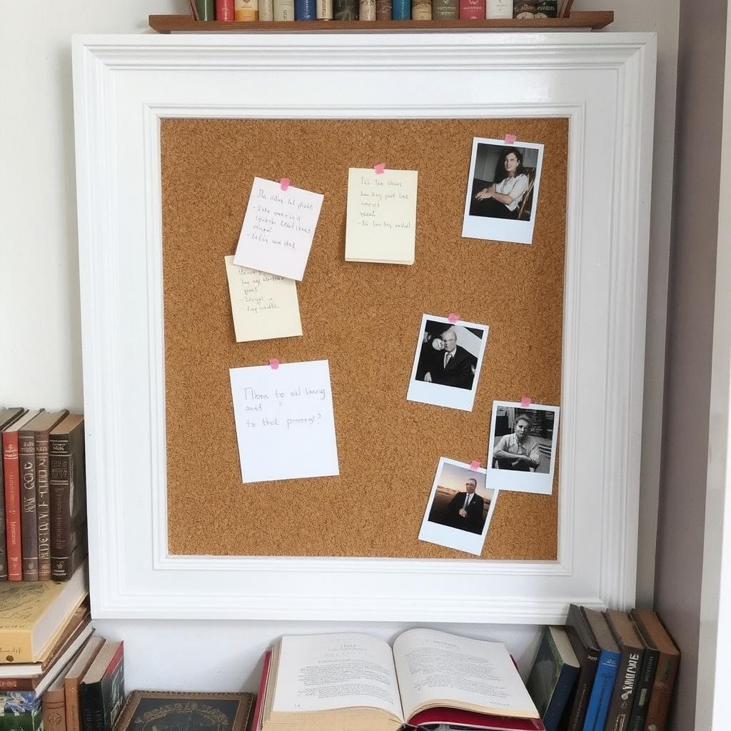 Corkboard with photos and quotes as cozy nook decor.