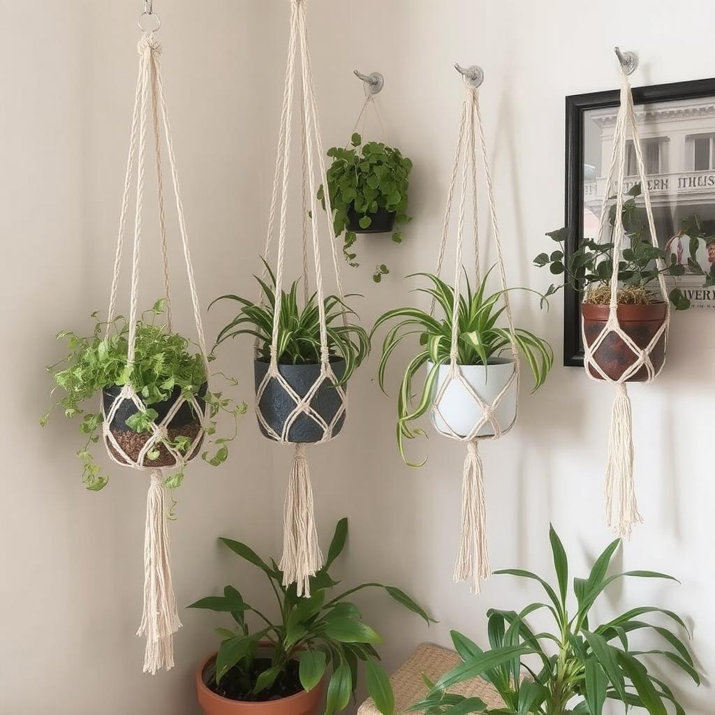 Hanging greenery in macrame holders for a natural reading nook vibe