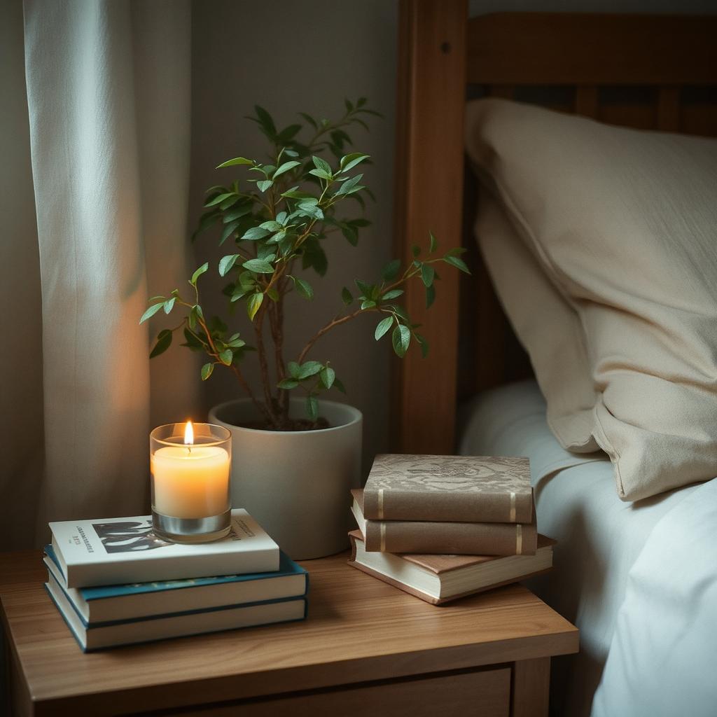 A cozy nook with a small potted plant, a candle, and a stack of books on a bedside table would showcase this idea beautifully.