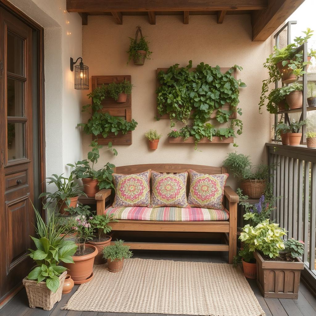 A rustic-themed open balcony featuring a wooden bench with vibrant, patterned cushions, surrounded by various potted plants and a vertical garden on the wall. A woven rug covers the floor, and soft fairy lights add a warm ambiance