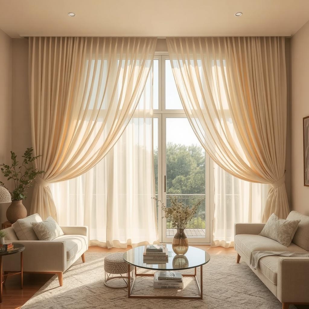 A cozy living room with luxurious silk curtains draped elegantly over large windows. The curtains are a soft cream color, gently filtering the sunlight, adding warmth and sophistication to the space. The room features modern furniture, soft textures, and warm lighting, creating a welcoming and elegant atmosphere