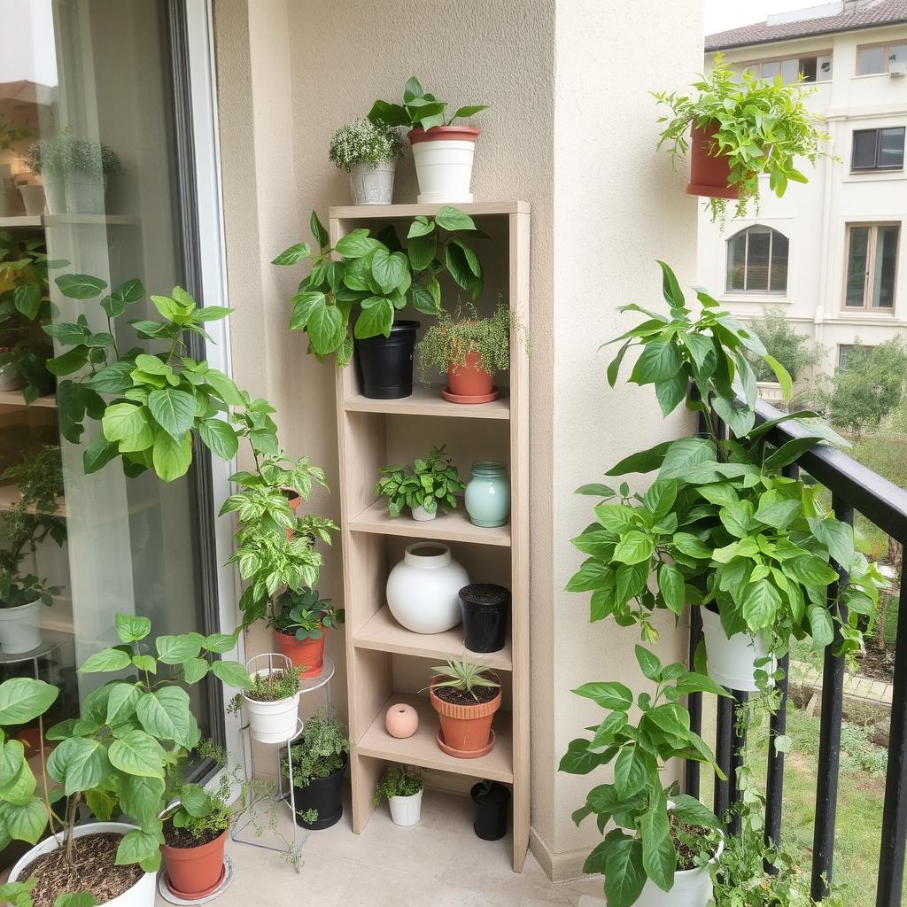 A balcony with a corner shelf filled with small plants and decorative objects.