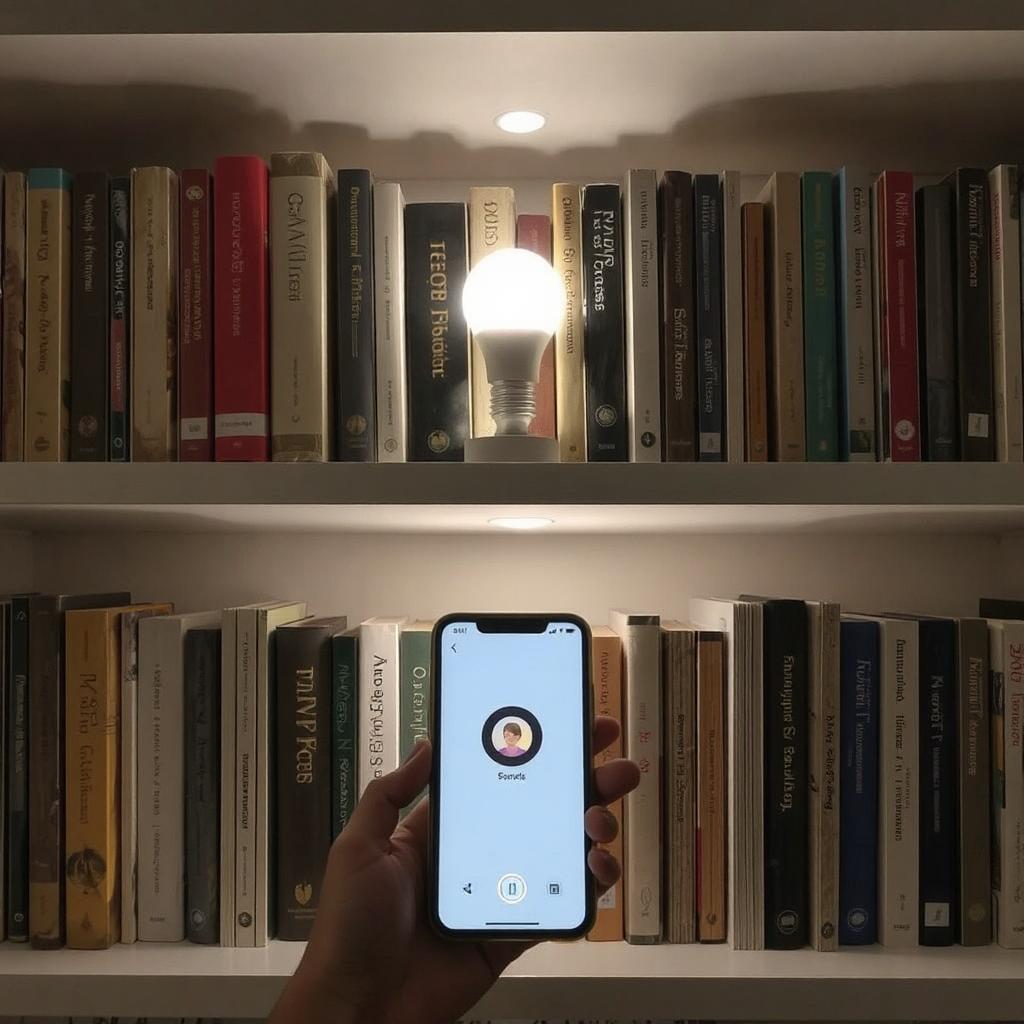 A bookshelf illuminated by smart bulbs, with the lighting being controlled through a smartphone app.