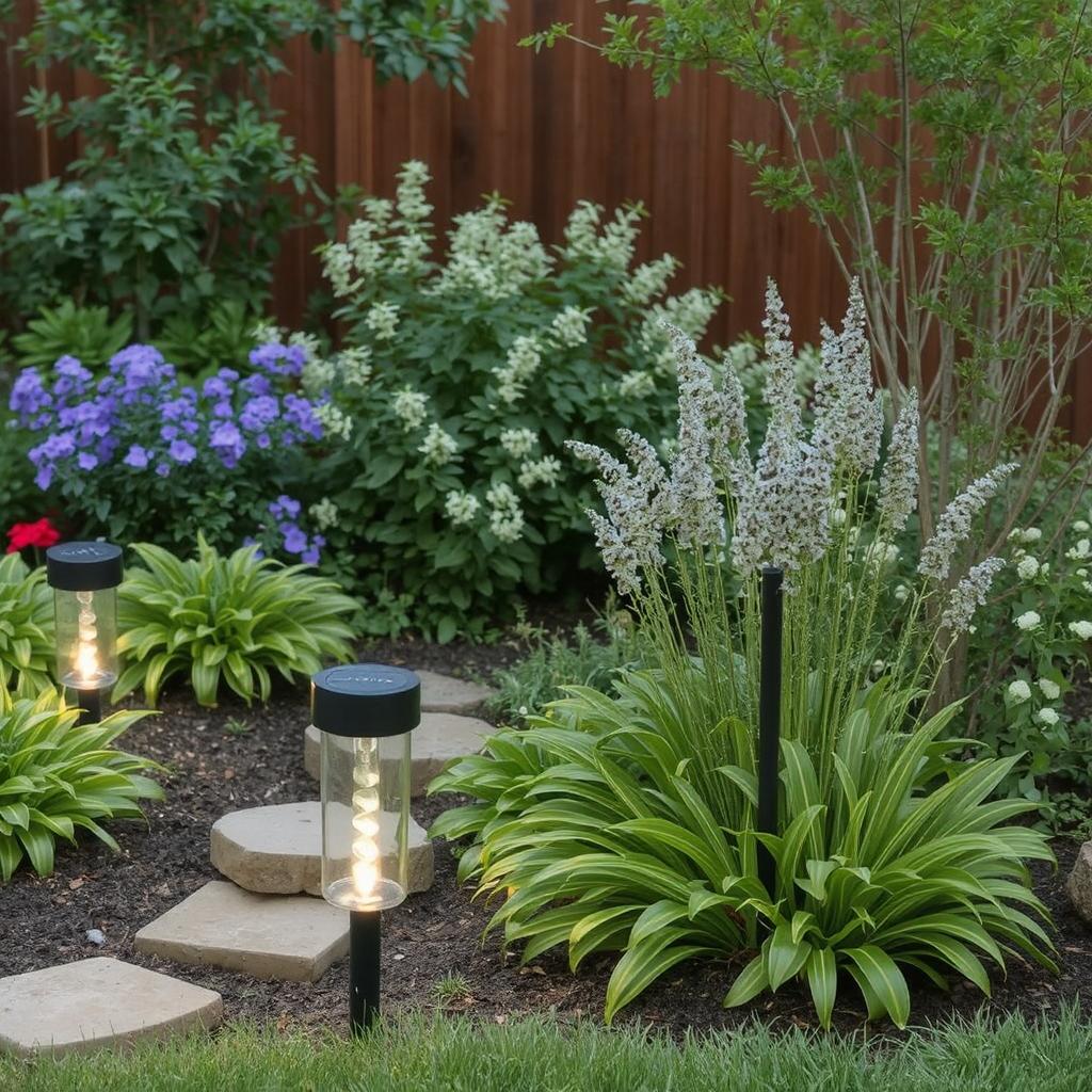 A peaceful garden with solar-powered lights illuminating pathways, surrounded by greenery. Include solar-powered water fountains and hanging lanterns to show the versatility of solar decor.