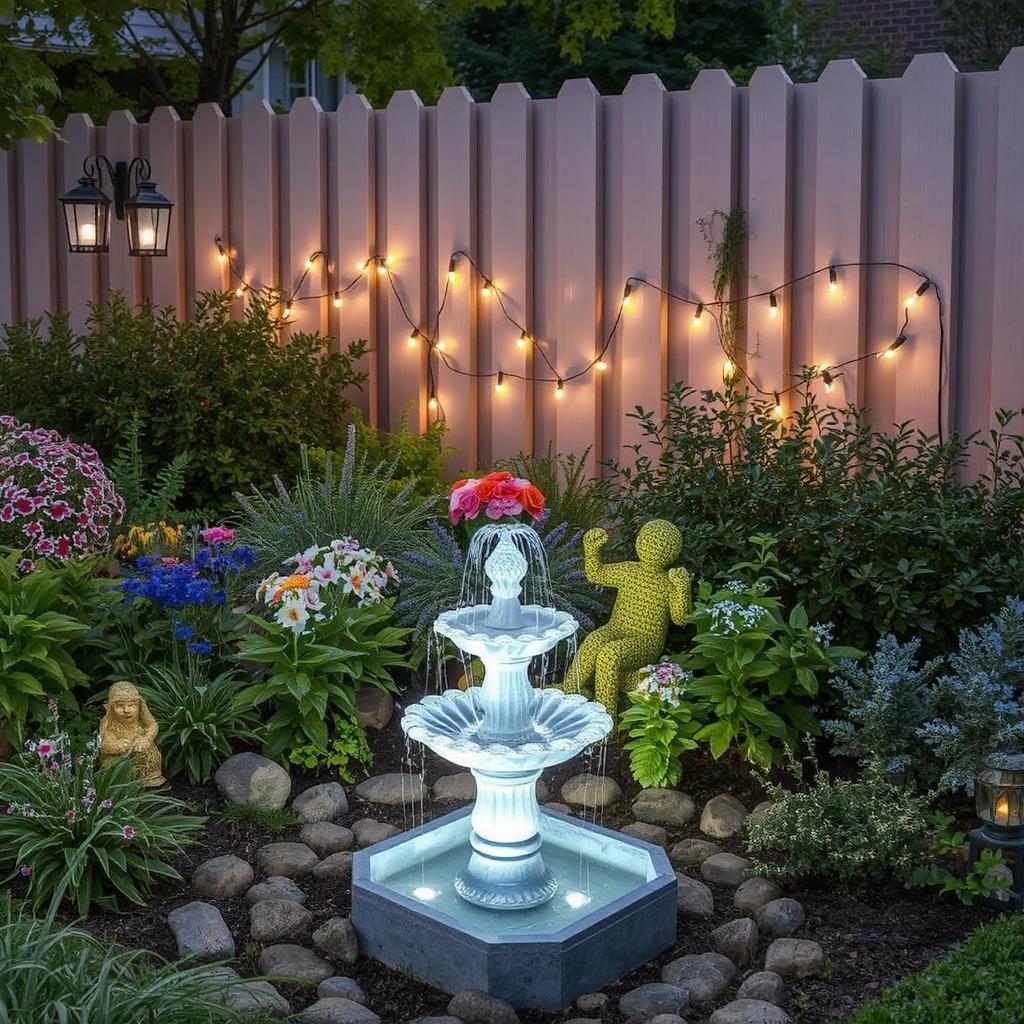 A stunning garden with various solar-powered decor items: solar lanterns, fairy lights along a fence, a solar-powered fountain, and decorative garden statues all glowing at night.