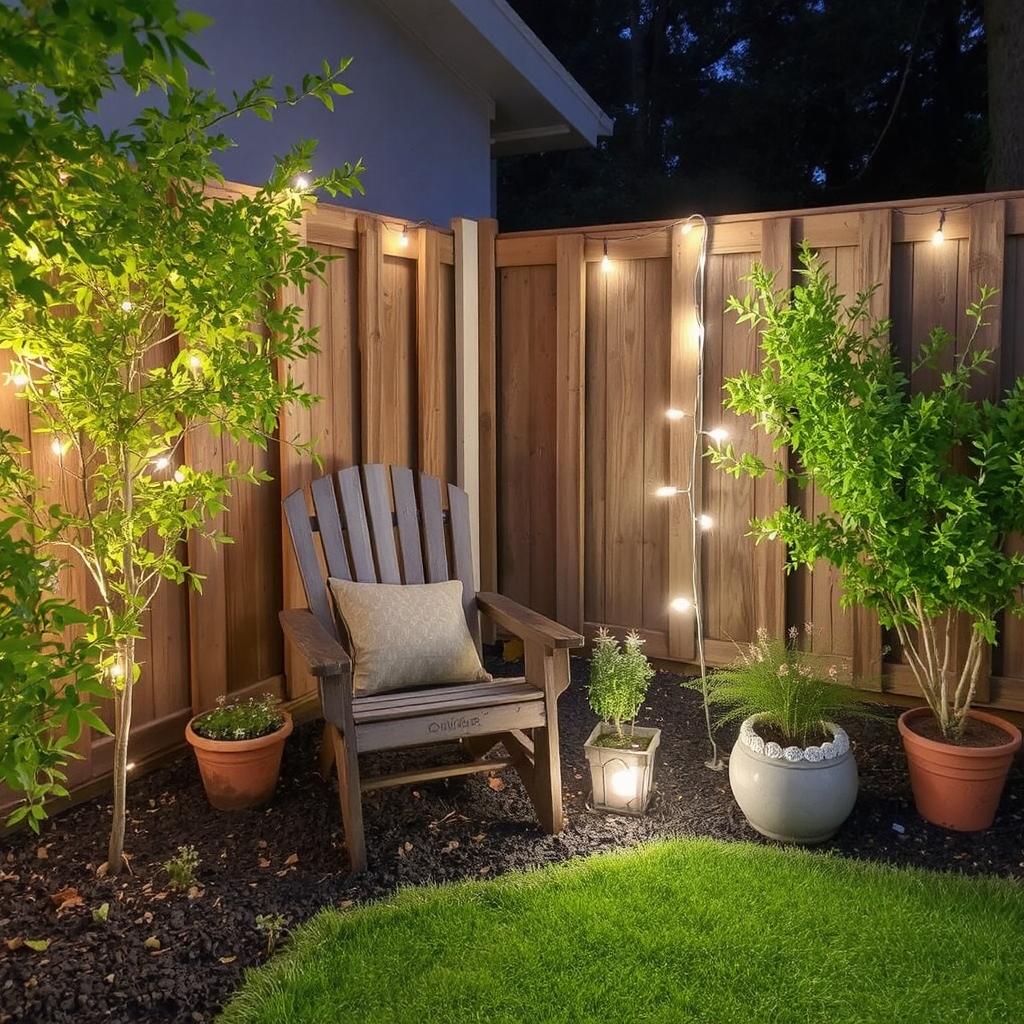 A cozy, affordable garden space with DIY solar decor, such as upcycled bottles used as solar lanterns, mason jar lights, and affordable solar-powered garden lights