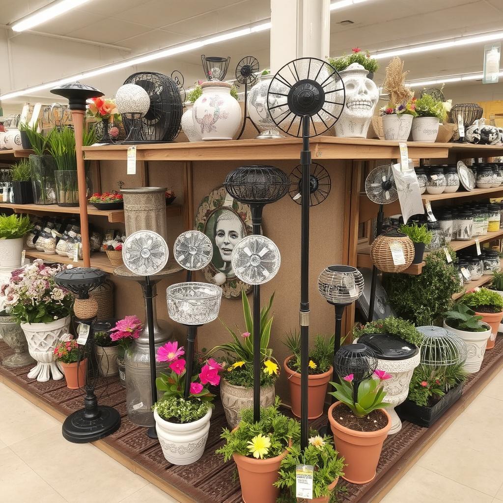 A selection of solar garden decor items displayed in a store or online platform