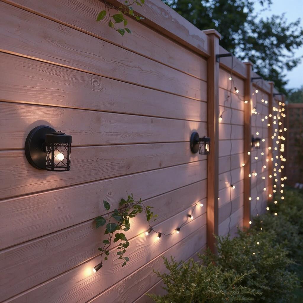 A garden wall or fence decorated with solar-powered wall sconces and string lights. The lights are glowing softly in the evening, adding charm to the outdoor space.