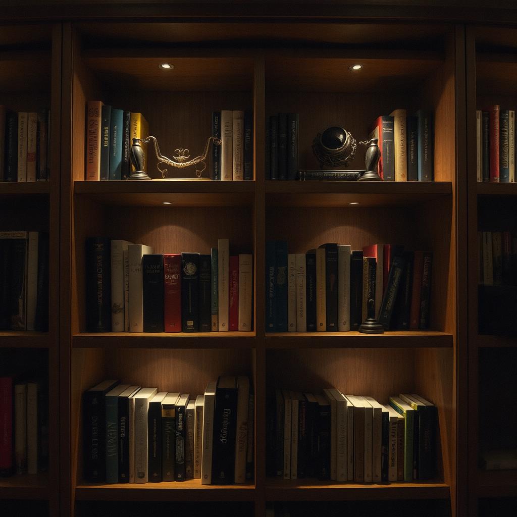 A bookshelf with small, focused spotlights illuminating individual items on each shelf.