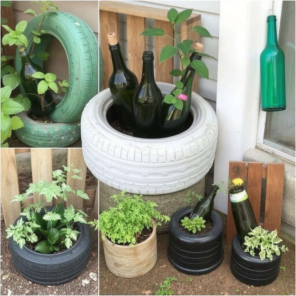 A collection of upcycled materials used as planters (like old tires, bottles, or wooden crates), showcasing how you can create eco-friendly and unique garden decor on a budget.