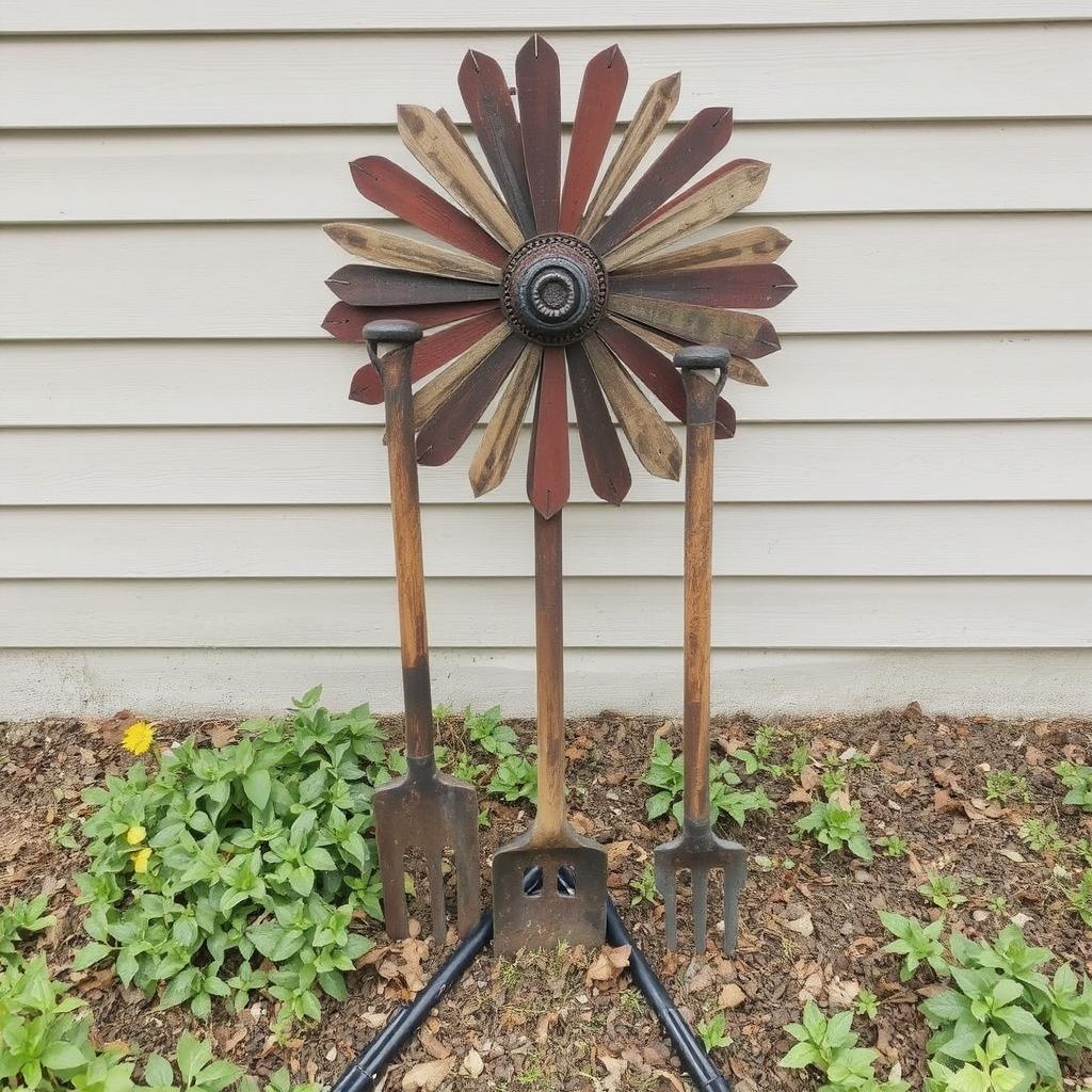 A handmade sculpture or garden art made from scrap metal, driftwood, or old tools, demonstrating how to turn everyday objects into statement pieces for your garden.