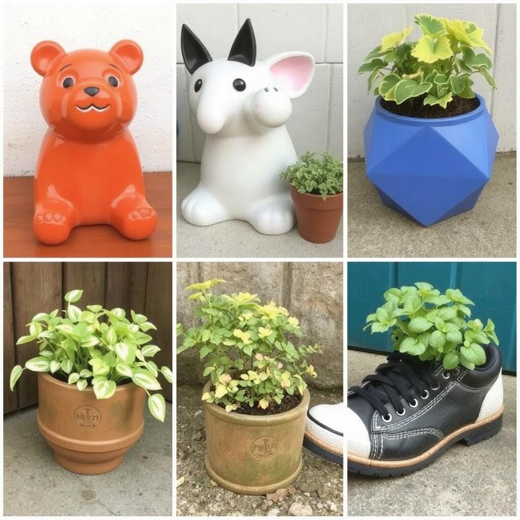 A variety of unique planters, such as those shaped like animals, geometric figures, or even repurposed shoes, illustrating the creativity you can apply to simple garden containers.