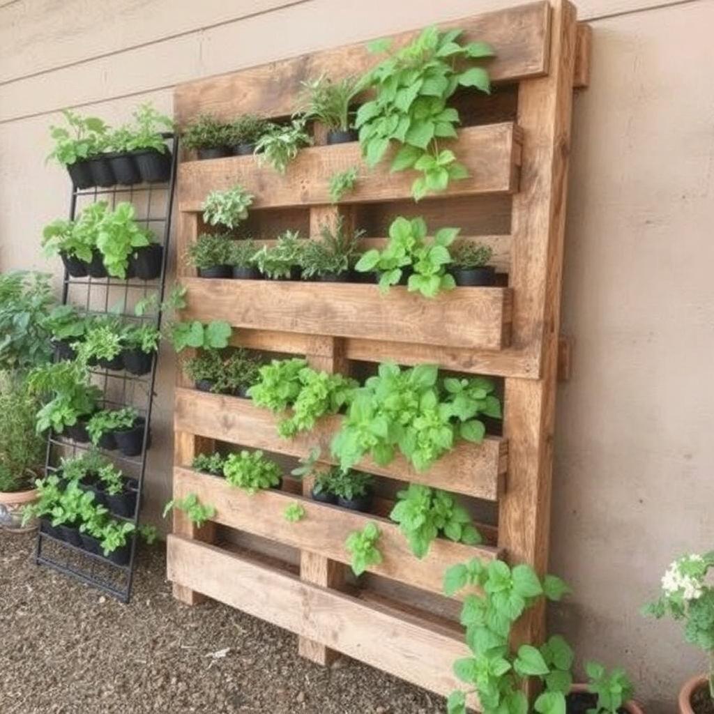 A vertical garden made with wooden pallets or metal racks, planted with greenery and flowers, showing how to maximize space while adding a unique touch to a small garden.