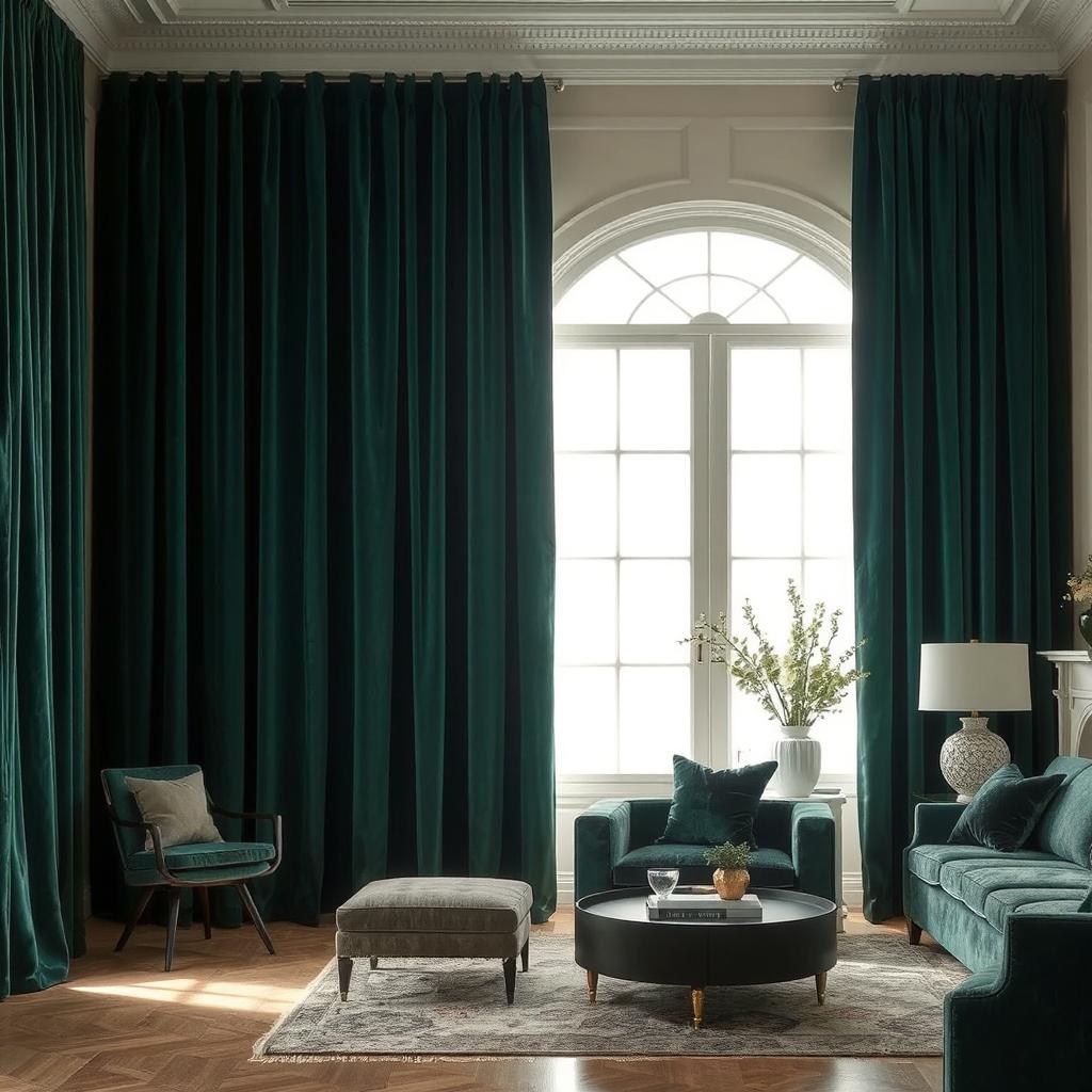 A luxurious living room with floor-to-ceiling velvet curtains in deep emerald green, soft lighting, and stylish furniture, showcasing the rich texture and elegance of velvet fabric.